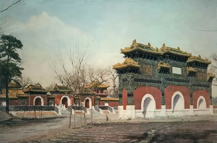 1910s,北海“小西天”西天梵境山門前的“華藏界-須彌春”琉璃牌坊，位於北海北岸(明信片)。